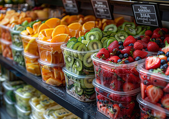 Fresh organic ripe fruit slices and various berries in plastic containers in supermarket.Macro.AI Generative.