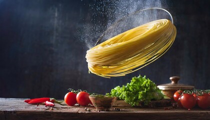 flying spaghetti pieces in front of black background