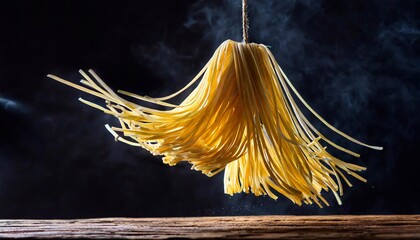 spaghetti pasta on wooden table and black background, italian food