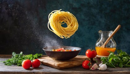 Spaghetti with tomatoes, garlic, olive oil and herbs on a dark background