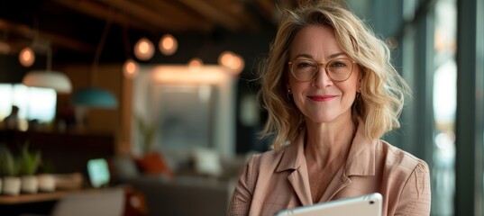 Smiling Businesswoman with Tablet in a Contemporary Office.