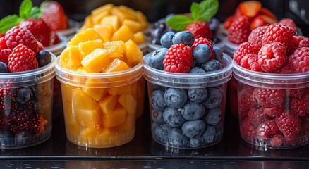 Plastic containers with fresh raw ripe fruit slices and berries in supermarket.Macro.AI Generative.