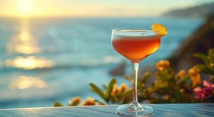 Elegant sour cocktail glass with orange slice on summer holiday resort with ocean view.Macro.AI Generative.