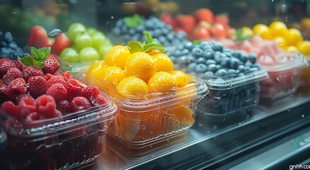 Plastic containers with fresh raw ripe fruit slices and berries in supermarket.Macro.AI Generative.