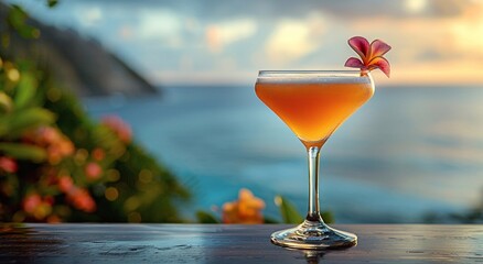 Elegant sour cocktail glass with orange slice on summer holiday resort with ocean view.Macro.AI Generative.