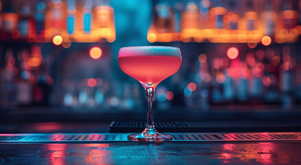 Cold alcoholic pink sour cocktail on bar counter in night club.Macro.AI Generative. - Powered by Adobe