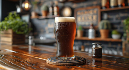 Fototapeta na wymiar Glass of fresh cold dark stout beer on old bar counter background.Macro.AI Generative.