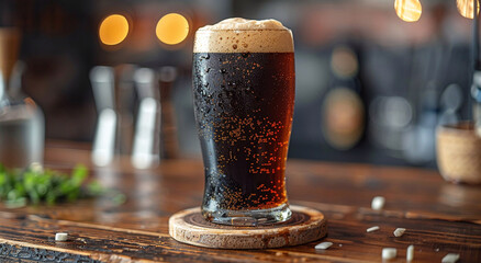 Glass of fresh cold dark stout beer on old bar counter background.Macro.AI Generative.