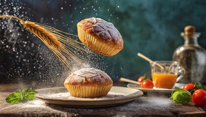 Ears of wheat and muffins with flour on a wooden table