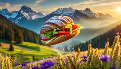 Fotobehang Sandwich with fresh vegetables and cheese against the background of the mountains © bahadirbermekphoto