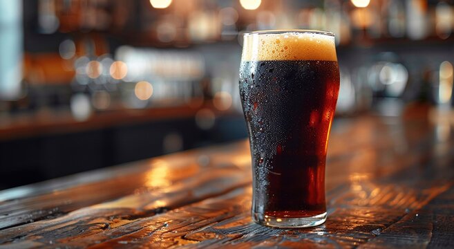 Glass of fresh cold dark stout beer on old bar counter background.Macro.AI Generative.