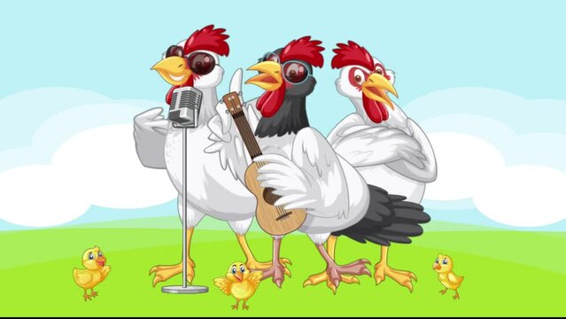 group of chicken singing funny animation, emotion character 4k video