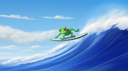 A Frog  surfs on a surfboard amid the rough waves of an alien ocean in spacemanhwa, acrylic painting, fantasy, 3D render, book cover