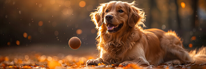 Joyful Dog Playing Fetch in Sunlit Park,
Funny happy cute dog puppy running smiling in the leaves Golden autumn fall background