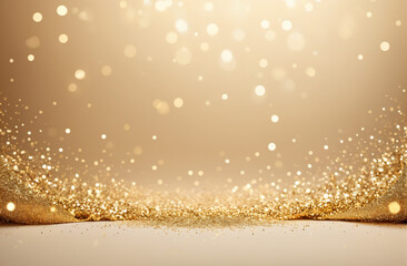 Background with light beige and gold particle. bright Golden light shine particles bokeh on light beige background. Gold foil texture. Holiday concept.