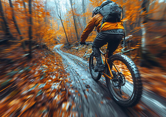 Professional cyclist riding mountain bike with high speed in forest on sunny autumn day.Macro.AI Generative.