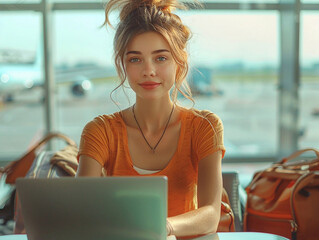 Young woman in airport waiting for flight and working on laptop.Macro.AI Generative.