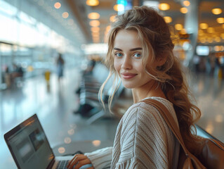 Young woman working on laptop while waiting for her flight traveling holiday business trip.Macro.AI Generative.