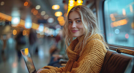 Young woman working on laptop on subway train.Macro.AI Generative.