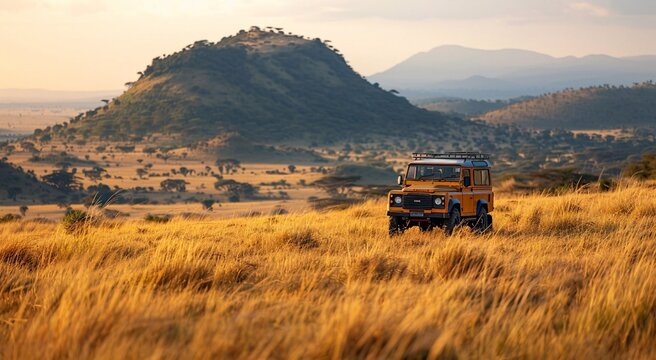Off-road vehicle with tourists standing in yellow valley grass on summer vacation safari holiday.Macro.AI Generative.