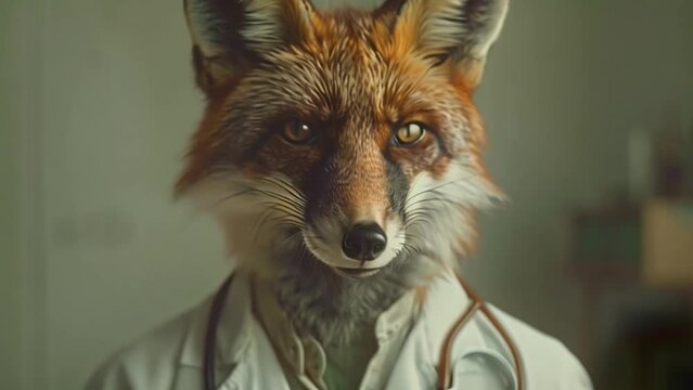 Doctor with a fox head and a white medical coat with stetoscope. Realistic character from a fable with an storybook animal, or representation of a veterinarian from wildlife over dark background