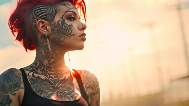 Face of a punk girl profile with tattoos on her face and her body, makeup, and short hair dyed red. She is in a sunset in the golden hour and the photo shows her attitude, style and rebel personality.