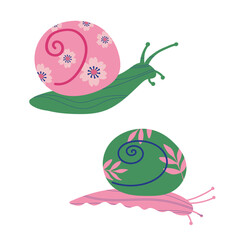 Cute Snail cartoon character decorative small animal hand drawn vector illustration on isolated background. Colourful snails festive design for print, flyer, paper, card, poster, icon