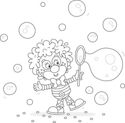 Funny curly circus clown blowing soap bubbles in an amusing performance for little children, black and white vector cartoon illustration for a coloring book