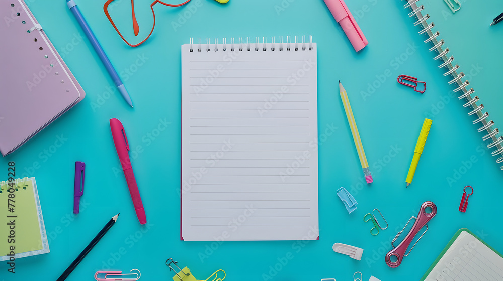 Poster a blank sheet of notebook paper surrounded by colorful stationery and school supplies on an isolated