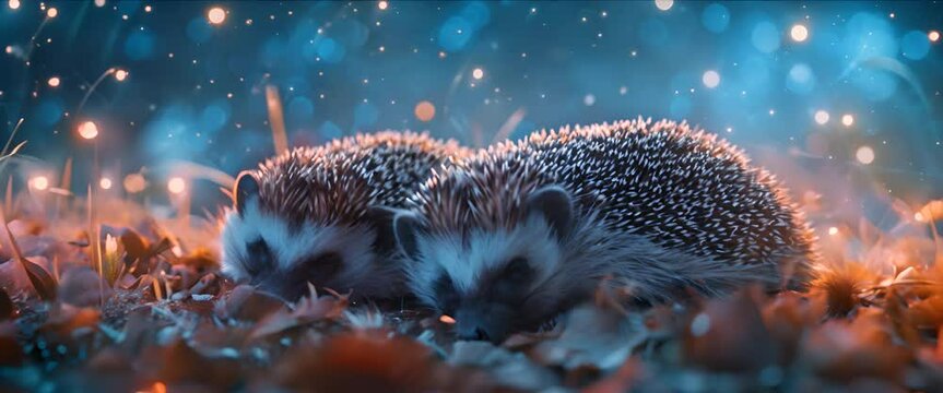 Hedgehogs curled up under a starry sky, protection and charm