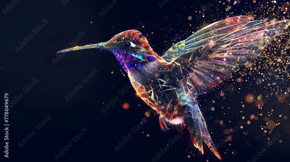 Poster a colorful hummingbird made of particles against a dark background. the hummingbird is in the style 