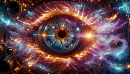 Generative AI.  a close up of an eye. The eye has a lot of detail,  is surrounded by a lot of gears...