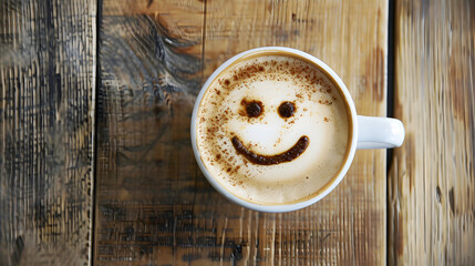 A cup of coffee with the latte art forming a smile face on a wooden background