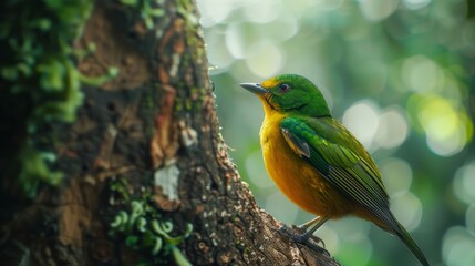 Cute bird. Perched on a tree trunk, the beautiful tanager blue-naped chlorophonia