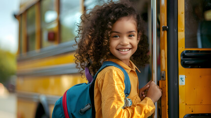 A cute little girl with curly hair wearing yellow is smiling as she opens the door of her school bus - obrazy, fototapety, plakaty