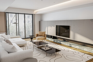 Modern home living room features white and sophistic decoration