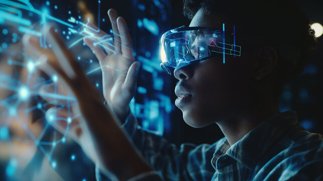 Technological Proficiency, Black Woman Demonstrating VR Data Analysis, Highlighting Future Work Skills