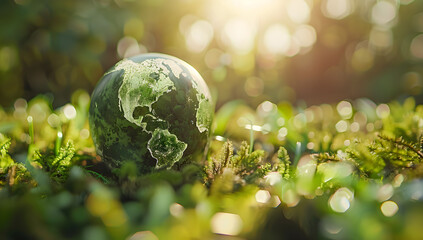 A green globe with continents on a blurred natural background, representing the significance of Earth Day and the concept of a happy earth