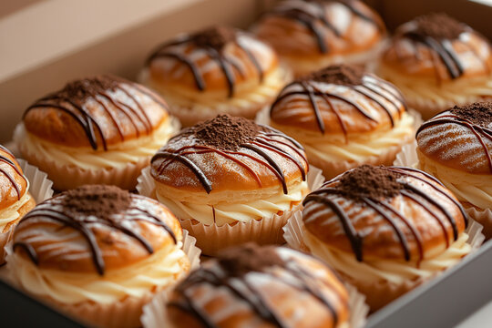 Choux pastry puffs with chocolate fondant icing and cocoa powder arranged in a paper box