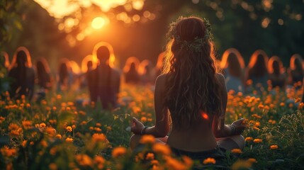 people meditating in the summer meadow at sunset.  - obrazy, fototapety, plakaty