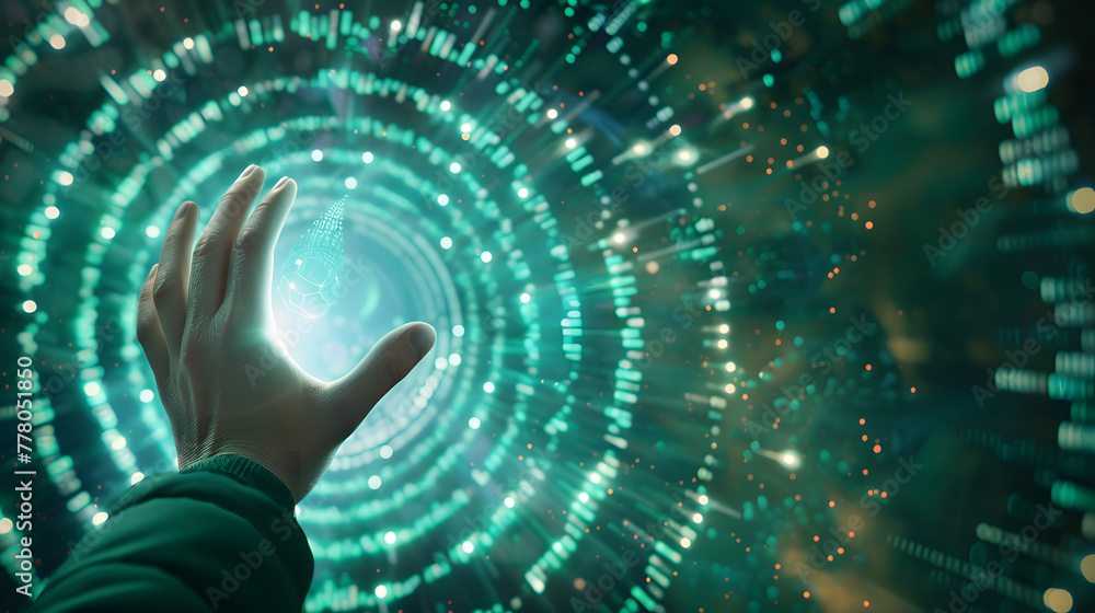 Poster a hand reaches towards a glowing data tunnel in front of a digital background with a spiral light an