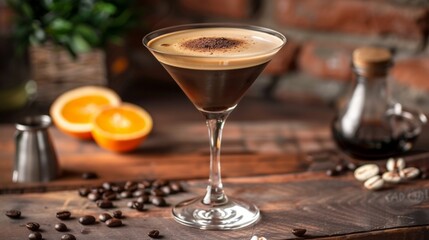A decadent espresso martini, with vodka, coffee liqueur, freshly brewed espresso, and a splash of simple syrup, shaken with ice and strained into a chilled martini glass, offering a bold and indulgent