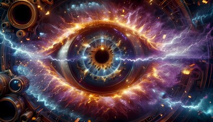 Generative AI.  a close up of an eye. The eye has a lot of detail,  is surrounded by a lot of gears and. The gears and cogs are made of a gold color metal. 