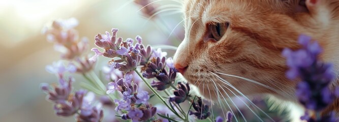 Closeup of a charming orange and white cat sniffing lavender blossoms in the purple color - obrazy, fototapety, plakaty
