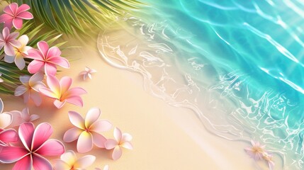 Hawaiian flowers with a tropical seaside background in the summer - obrazy, fototapety, plakaty