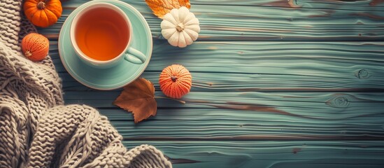 teacup and crocheted white and orange pumpkin decoration on the green wooden table.  - obrazy, fototapety, plakaty