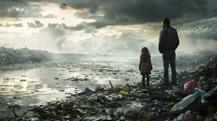 A little girl and her father standing on the shore of a river