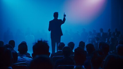 A man in a suit stands on stage and gives a lecture to the audience