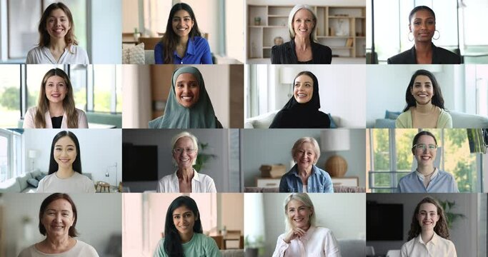 Lot of beautiful smiling multicultural young and senior women faces view. Footages collage head shot portrait happy female staring at camera. Feminism, community, women rights and equality, girl power