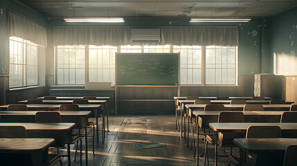 A photo of an empty school classroom with desks and chairs arranged neatly